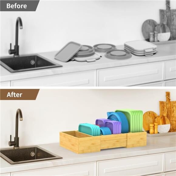 Expandable Kitchen Lid Organizer Bamboo Cabinet Drawer Pantry Storage with Divid - Picture 6 of 7